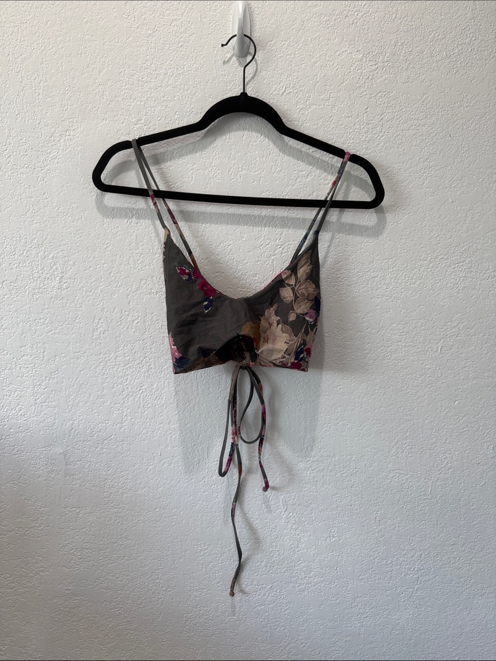 Boys + Arrows Floral Tie-Front Bikini Top — Charcoal with Pink Accents